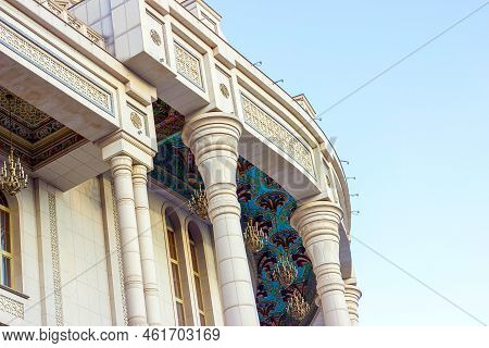 Dushanbe, Tajikistan - August 10, 2022: White Kokhi Navruz Palace Facade Exterior Architecture With 