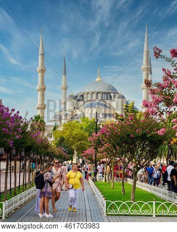 Istanbul, Turkey - August 30 2022: Blue Mosque, Or Sultan Ahmet Mosque At Crowded Sultan Ahmed Squar