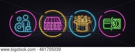 Employee, Hat-trick And Mattress Minimal Line Icons. Neon Laser 3d Lights. Payment Methods Icons. Fo