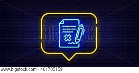 Neon Light Speech Bubble. Reject File Line Icon. Decline Document Sign. Delete File. Neon Light Back