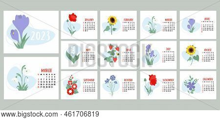 Floral Calendar 2023. Flowers Snowdrops, Lily Of The Valley, Poppy, Sunflower, Irises, Crocuses And 