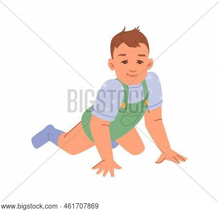 Crawling Toddler Baby Boy, Isolated Kid In Jumpsuit Growing Child Trying To Walk. Childhood Of Kiddo