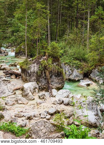 River Ramsauer Ache In The Berchtesgaden Alps, Germany.