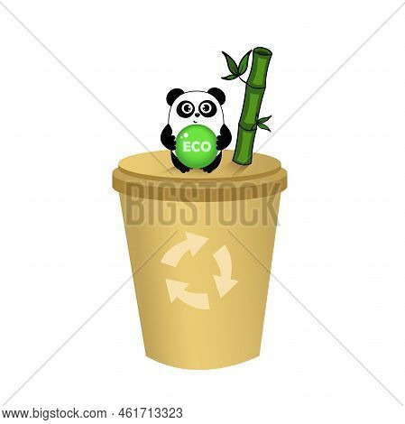 Cute Cartoon Panda On Paper Cup With Eco Banner And Recykling Sign. Funny Character For Your Design.