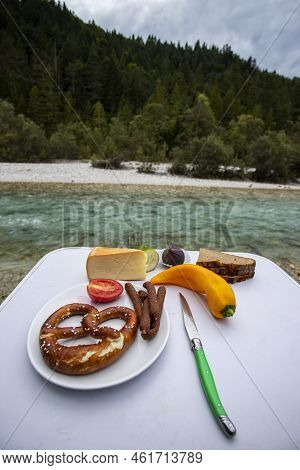 Brotzeit With Mountain River Isar In Bavaria