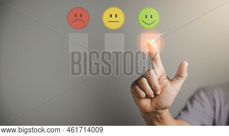 Customer Service And Satisfaction Concept, Business Person Are Touching The Virtual Screen On Happy 