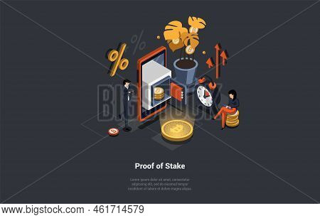 Blockchain Technology, Bitcoin, Altcoins Mining With Proof Of Stake Technology Concept. People Minin