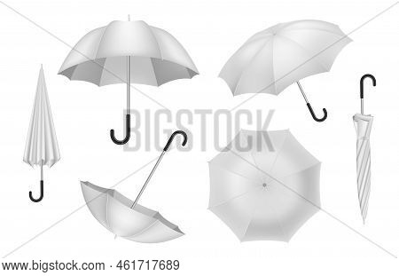 Realistic Umbrella, White Parasol, Closed And Open Canopy. Plastic Sun Handle Waterproof Device, Lig