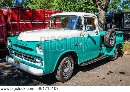 Falcon Heights, Mn - June 18, 2022: High Perspective Front Corner View Of A 1957 Dodge D100 Pickup T