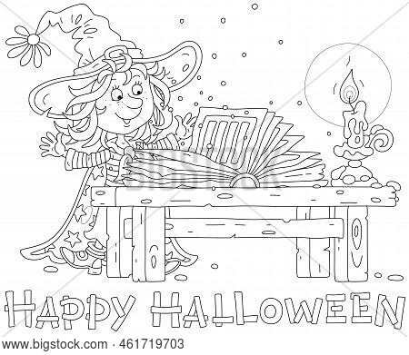 Happy Little Halloween Witch In A Big Hat Saying Mysterious Spells From An Old Magic Book By Candlel