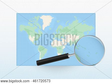 Map Of The World With A Magnifying Glass Aimed At Vanuatu, Searching Vanuatu With Loupe. Vector Map.