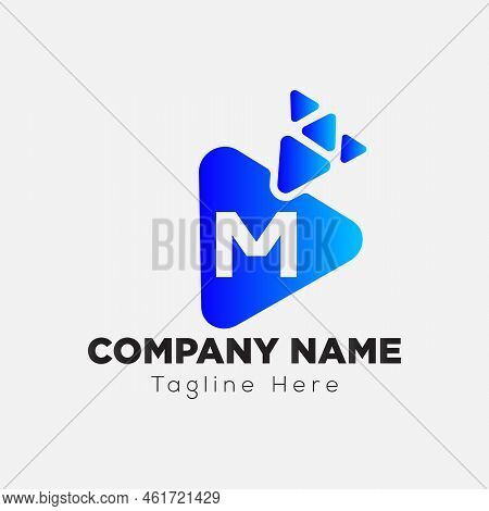 Play Button Logo On Letter M Template. Play Icon On M Letter, Initial Play Sign Concept