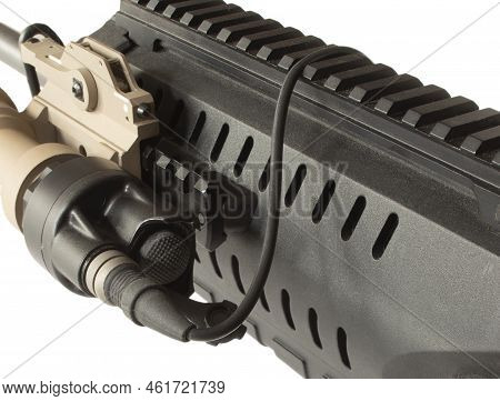 Flashlight Tail Cap And Wire On A Modern Sporting Rifle
