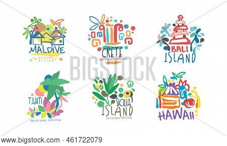 Tropical Islands Labels Set. Maldive, Crete, Bali, Tahiti, Sicilia, Hawaii Badges For Tourist Agency