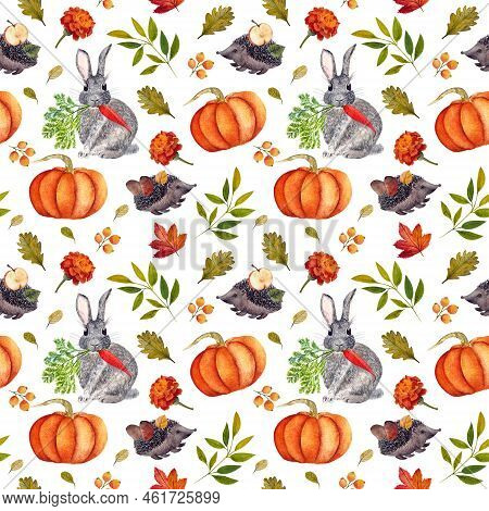 Watercolor Seamless Pattern With Autumn Harvest, Bunnies And Hedgehogs. Pattern For Your Designs Wit