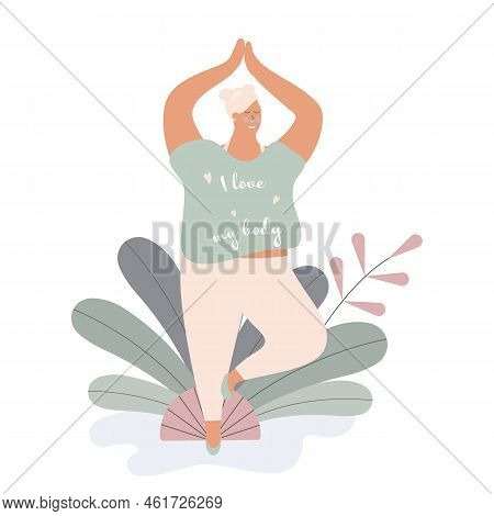 Body Positivity Cute Young Plump Girl With More Size-inclusive Body Do Yoga.plumpish Lady In Tree Po