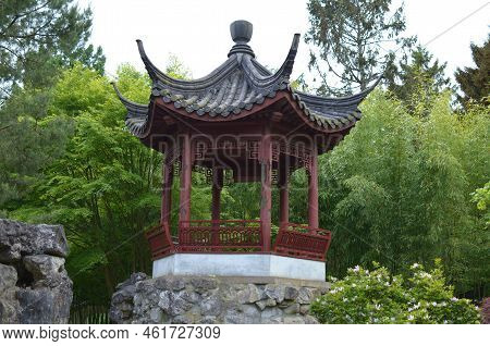 Haren, Netherlands - May 23, 2022: Beautiful View Of Oriental Gazebo In Chinese Garden