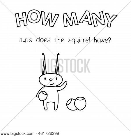 Cartoon Squirrel Counting Game. Vector Coloring Pages For Children Education. How Many Nuts Does The