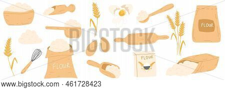 Baking Ingredients In Cartoon Flat Style. Bag With Flour, Eggs, Kitchen Whisk, Rolling Pin, Wheat Ea