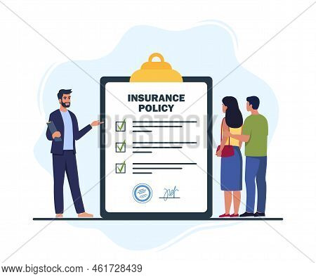 Insurance Agent Presenting Service Making Deal With Client Family Couple. Insurance Policy On Clipbo