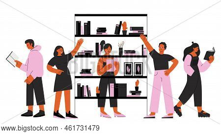 Public Library, Bookshelf With Books Stacks. Teens, Young Students Reading And Choose Book. Bookcros