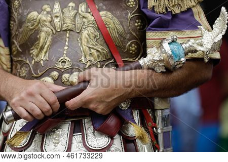 Bucharest, Romania - September 17, 2022: Details With The Armor And Clothing Of An Ancient Roman Emp