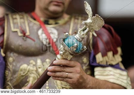 Bucharest, Romania - September 17, 2022: Details With The Armor And Clothing Of An Ancient Roman Emp