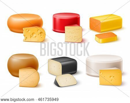 Realistic Cheese. Different Varieties Cheeses, Whole Circles, Blocks And Pieces, Brie, Cheddar And P