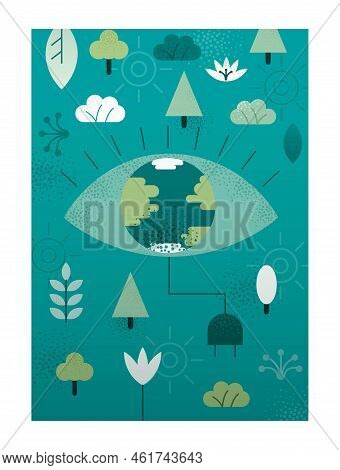 Nature And Renewable Energy. Poster With Earth, Plug, Plants And Light Bulbs. Caring For Planet And 
