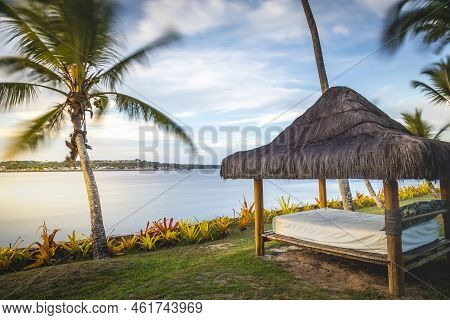 Porto Seguro Beach With Tropical Tregarden E And Gazebo Palapa In Bahia, Brazil
