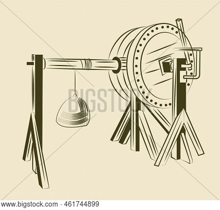 Italian Renaissance Concept. Invention Of Leonardo Da Vinci. Sketch Of Wooden Archimedean Wheel For 