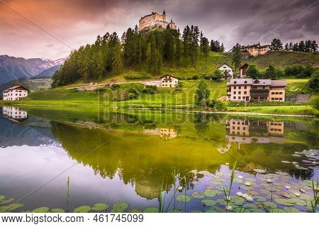 Tarasp With Colorful Wildflowers And Meadows At Springtime, Lower Engadine, Swiss Alps