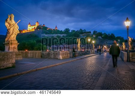 Wurzburg Old Main Bridge, Alte Mainbrucke, At Dramatic Evening, Franconia, Germany
