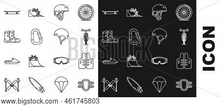 Set Line Knee Pads, Life Jacket, Bicycle, Helmet, Carabiner, Boots, Skateboard And Icon. Vector