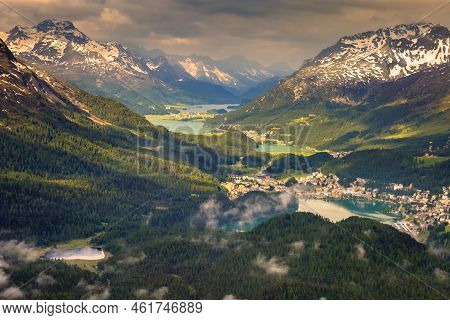 Celerina And Engadine Lakes, St Moritz, Silvaplana And Maloja From Above Muottas Muragl, Switzerland