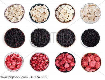Set With Different Freeze Dried Berries And Bananas On White Background, Top View