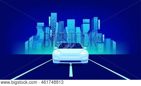 Future City With Automobile Drive Road. On The Road Behind The City, An Electric Automobile Was Runn