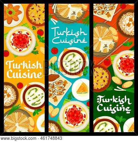 Turkish Cuisine Meals Banners, Traditional Dishes And Meals, Vector Lunch Or Dinner. Turkish Cuisine