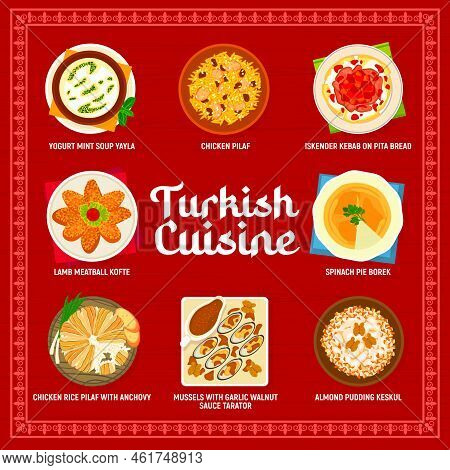 Turkish Cuisine Menu Food And Restaurant Meals, Vector Turkey Kebab Meat And Kofte. Turkish Cuisine 