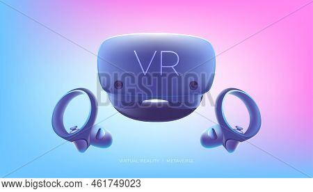Virtual Reality Headset And Controllers For Gaming. Vr Helmet. Metaverse Technology Concept.
