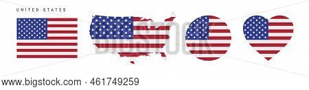 United States Flag Icon Set. American Pennant In Official Colors And Proportions. Rectangular, Map-s