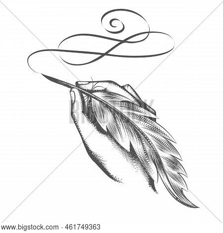 Quill Pen Hand. Ink Feather Writing Sketch, Plume Handwriting Engraved Drawing Isolated Vintage Vect