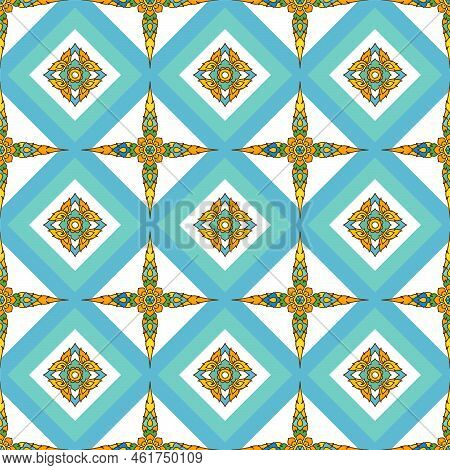 Thai Filigree Blue Decoration Seamless Pattern Gift Wrap Background Vector