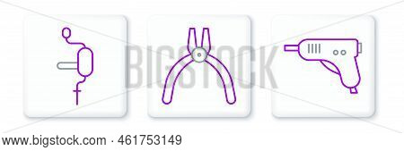 Set Line Electric Hot Glue Gun, Hand Drill And Pliers Tool Icon. Vector