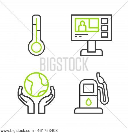 Set Line Petrol Or Gas Station, Hands Holding Earth Globe, Television Report And Meteorology Thermom