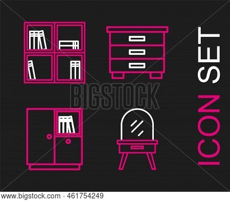 Set Line Dressing Table, Wardrobe, Furniture Nightstand And Shelf With Books Icon. Vector
