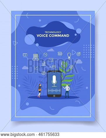 Voice Command Concept People Around Smartphone Micropone Sound Wave In Screen For Template Of Banner