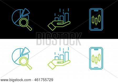 Set Line Mobile Stock Trading, Search Data Analysis And Financial Growth Icon. Vector