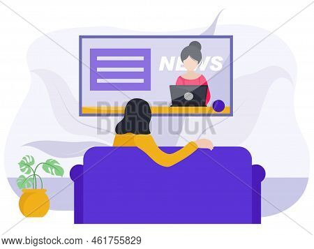 Girl Watching News On Television Vector Illustration.