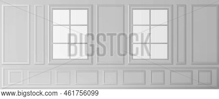 White Wall With Windows In Luxury Victorian Style, Empty Vintage Room Interior, Background With Squa